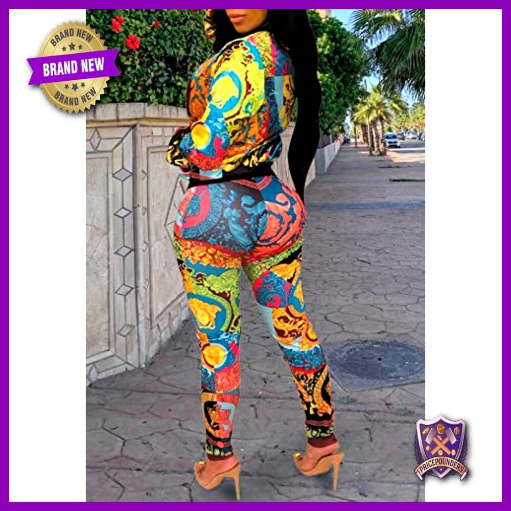 Floral Print 2-Piece Legging Set, Long Sleeve Zipper Jacket, High Waist Bodycon - Picture 5 of 7